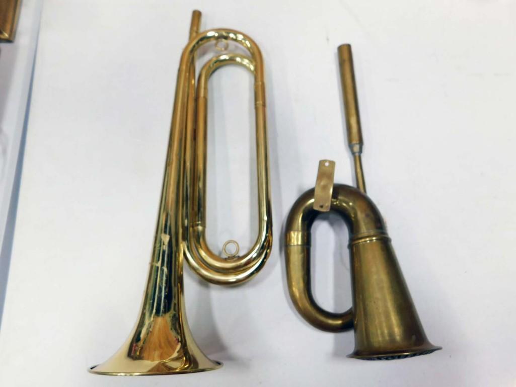 Bugle and a Vintage Brass Car Horn: Bugle and a Vintage Brass Car Horn . Bugle has no mouthpiece. Both are untested