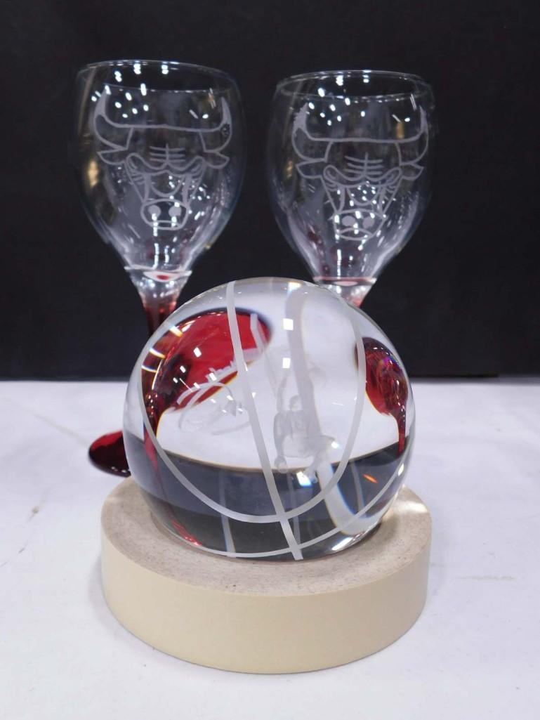Chicago Bulls Joakim Noah Basketball Paperweight and Bulls Stemware: 2 Chicago Bulls Stemware Wine Glasses with etched bulls and a Chicago Bulls Basketball paperweight with a laser etched Joakim Noah inside