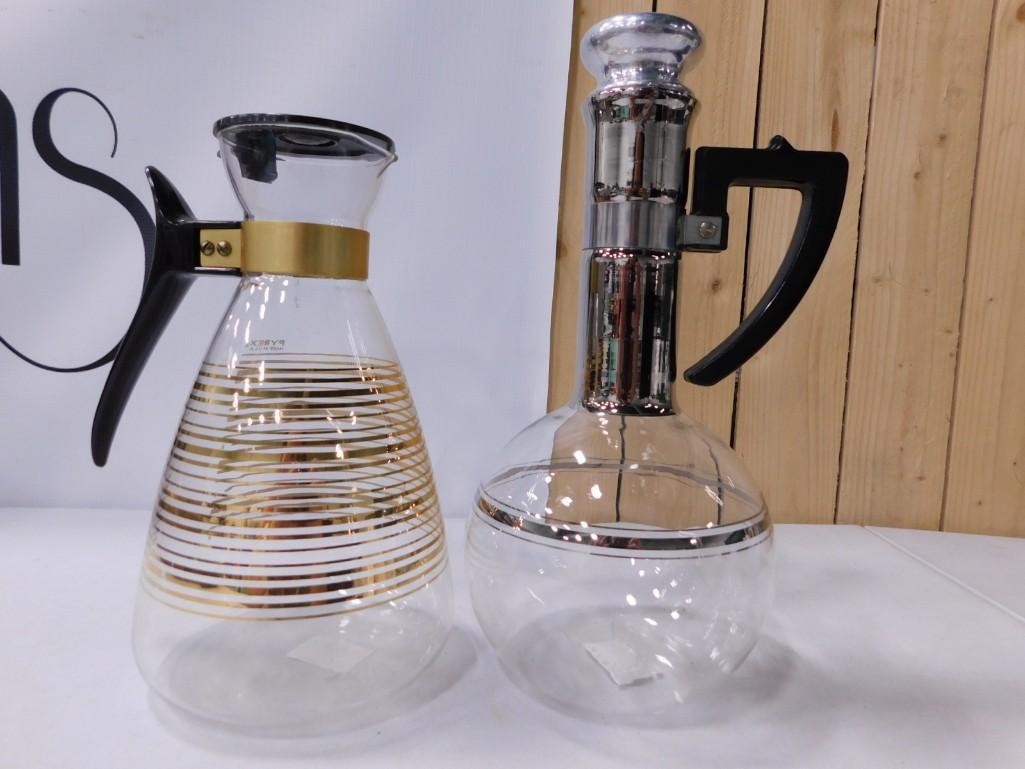 2 Mid Century Coffee Carafes incl 1950s Inland Carafe with Platinum Plated Neck: 2 Mid Century Coffee Carafes incl 1950s Inland Carafe with Platinum Plated Neck and Bakelite Handle and 1 vintage Pyrex glass