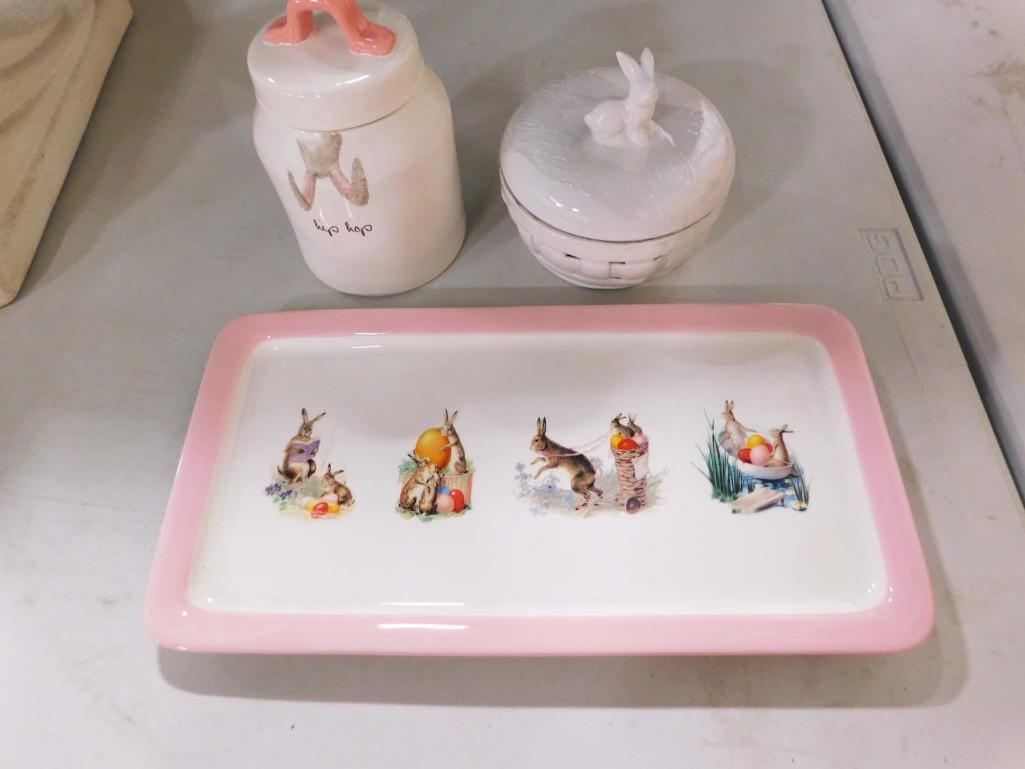 3 Rabbit Items incl Rae Dunn Hip Hop Bunny Canister, Williams Sonoma Bunny Tray , (1 of 5)