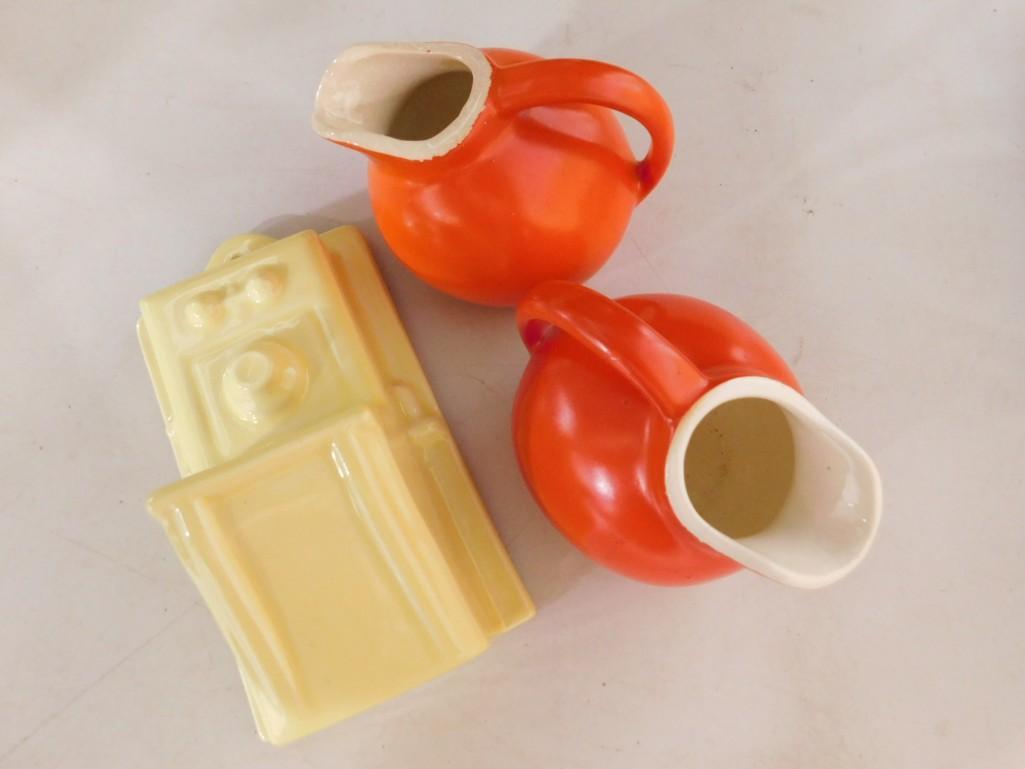 Vintage McCoy Pottery Telephone Matchstick Holder and 2 Hall Pottery Mini Pitchers (1 of 4)