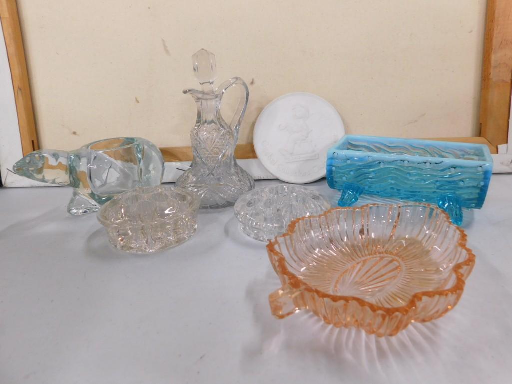 Lot of Glassware incl Vintage Blue Glass Log Cracker Dish (1 of 4)