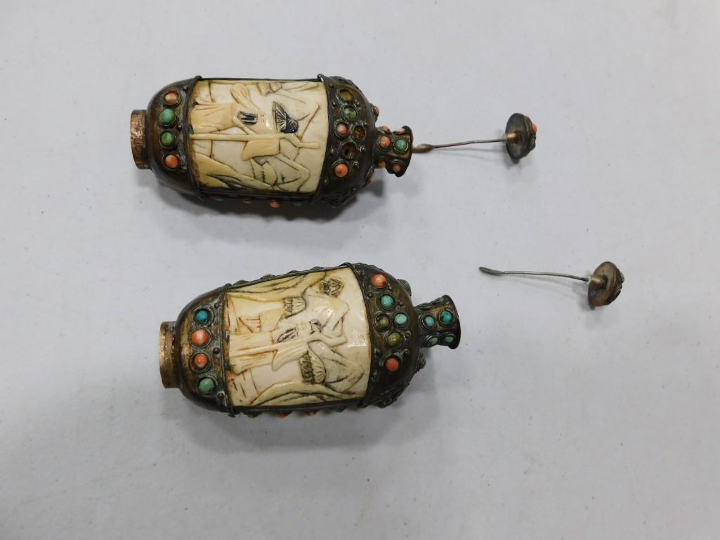 2 Antique Snuff Bottles Made of Carved Bone and Metal: 2 Antique Snuff Bottles Made of Carved Bone and Metal. The top part of one of them detaches.