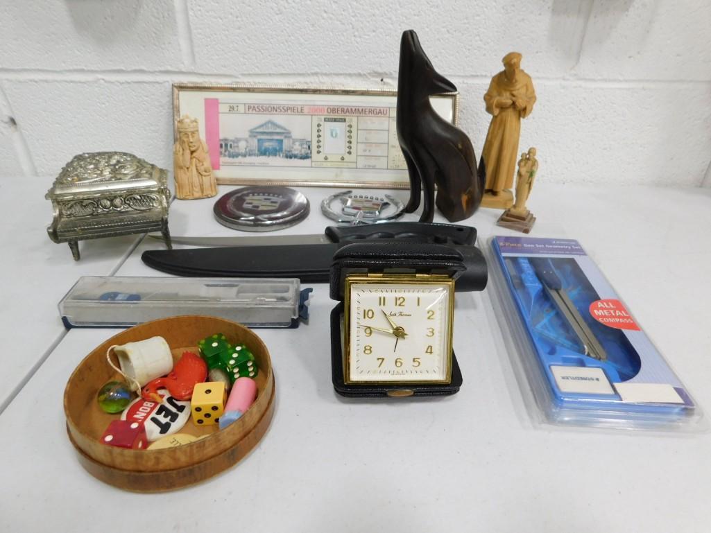 Smalls Lot incl Piano Trinket Box, Car Emblems, Travel Alarm Clock, Knife, Figures, etc: Smalls Lot incl Piano Trinket Box, Car Emblems, Travel Alarm Clock, Knife, Figures, etc