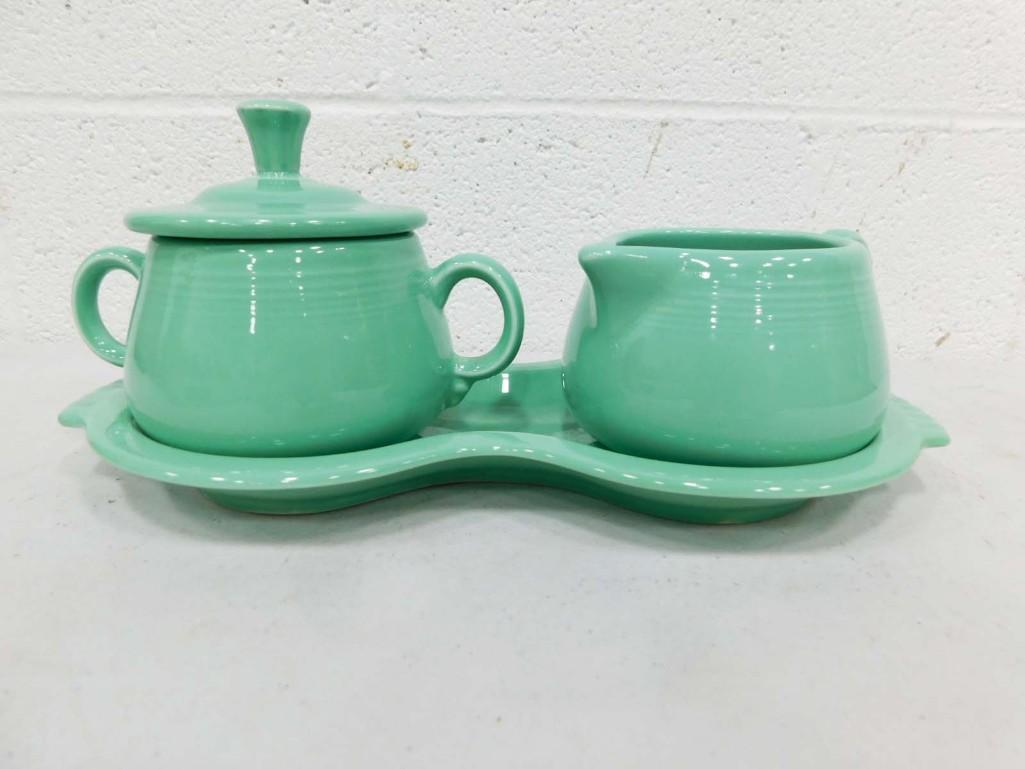 Fiesta Ware Creamer, Sugar Bowl, and Under Plate in Mint Green Color: Fiesta Ware Creamer, Sugar Bowl, and Under Plate in Mint Green Color