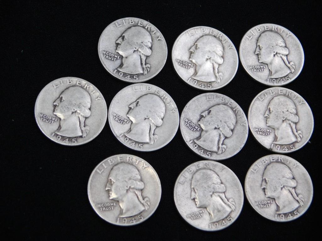 10 Nice 1945 Washington Quarters 90% Silver (1 of 2)