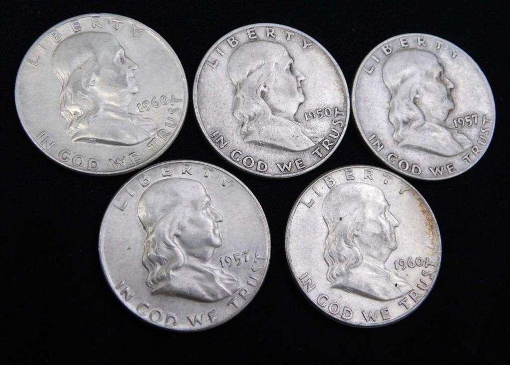 5 Franklin Half Dollars 90% Silver (1 of 2)