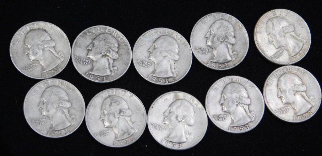 10 Nice 1953 Washington Quarters 90% Silver (1 of 4)