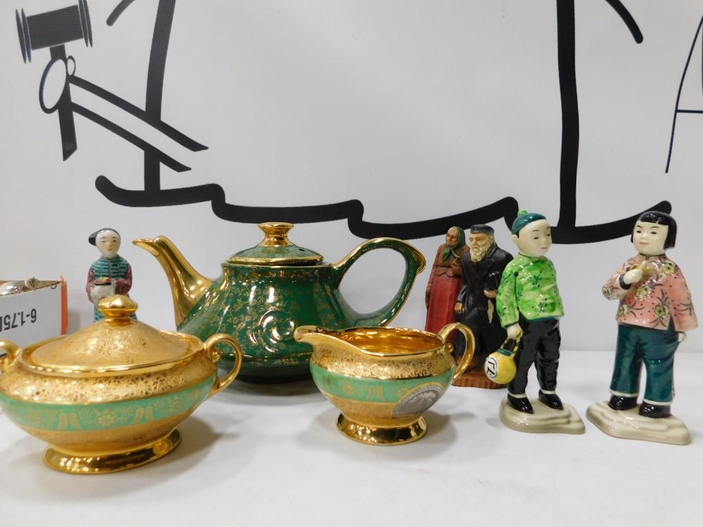 Porcelain Lot incl Teapot, Creamer, and Sugar Bowl with Gold Gilt Plus Figurines: Vintage Porcelain Lot incl Teapot, Creamer, and Sugar Bowl with Gold Gilt Plus Figurines
