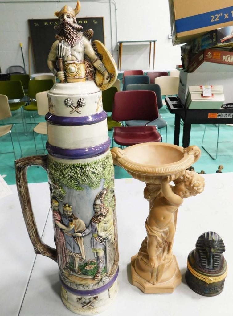 Large Beer Stein with Viking Scene, Trinnket Bocx, and Small Cherub Statue (1 of 11)