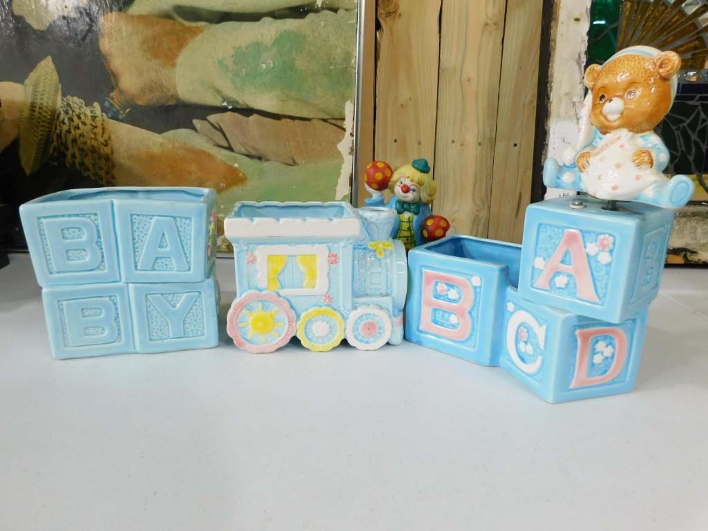 Vintage Napco, Lefton, and Enesco Train, Clown, ABC, Bear Ceramic Decorations: Vintage Napco, Lefton, and Enesco Train, Clown, ABC, Bear Ceramic Decorations