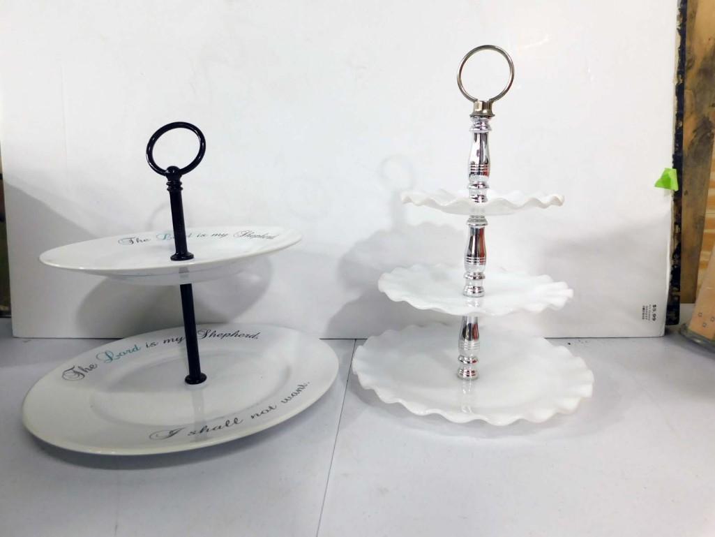 Servers incl Vintage 3 Tier Milk Glass Tidbit or Candy Server and Porcelain 2 Tier Tray (1 of 7)