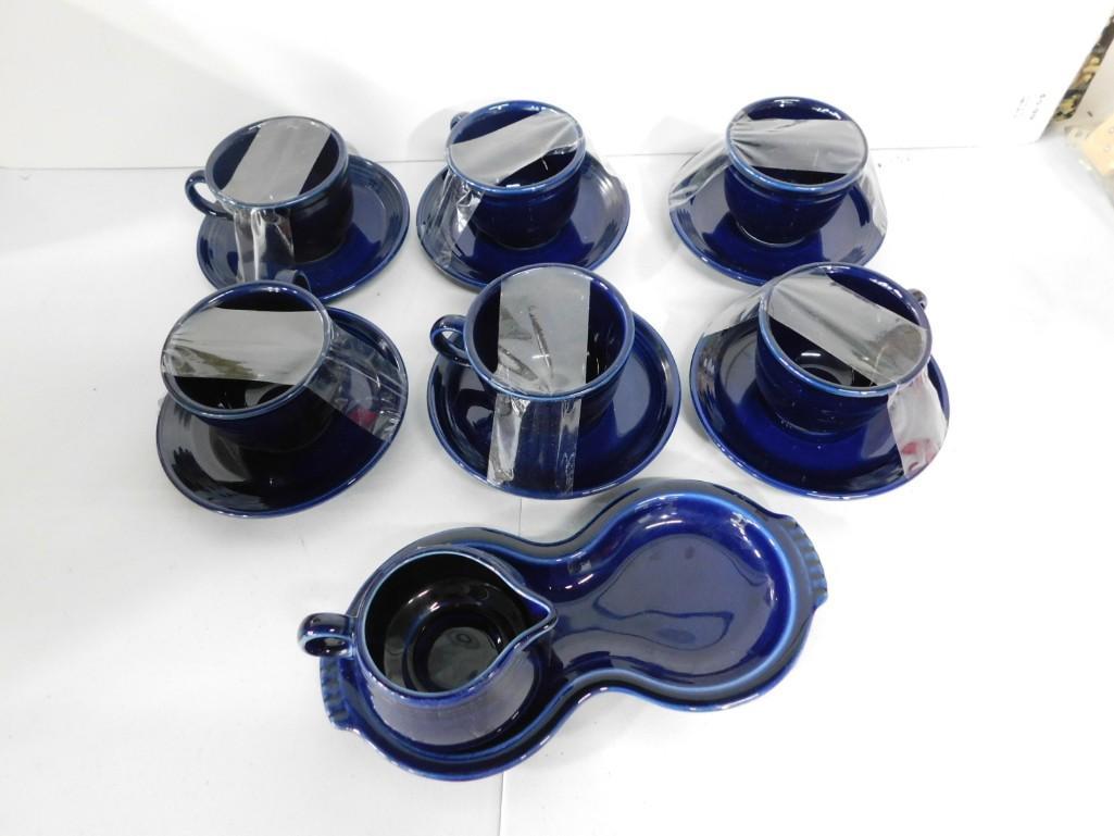 Fiesta Ware 6 Cobalt Blue Cups and Saucers and a Creamer and Under Tray: Fiesta Ware 6 Cobalt Blue Cups and Saucers and a Creamer and Under Tray