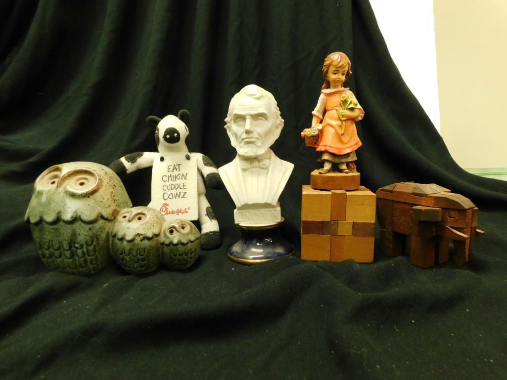 Misc Collectibles incl Owls, Wood Puzzles, Chick-Fil-A Advertising Cow, Swiss figurine, etc (1 of 4)