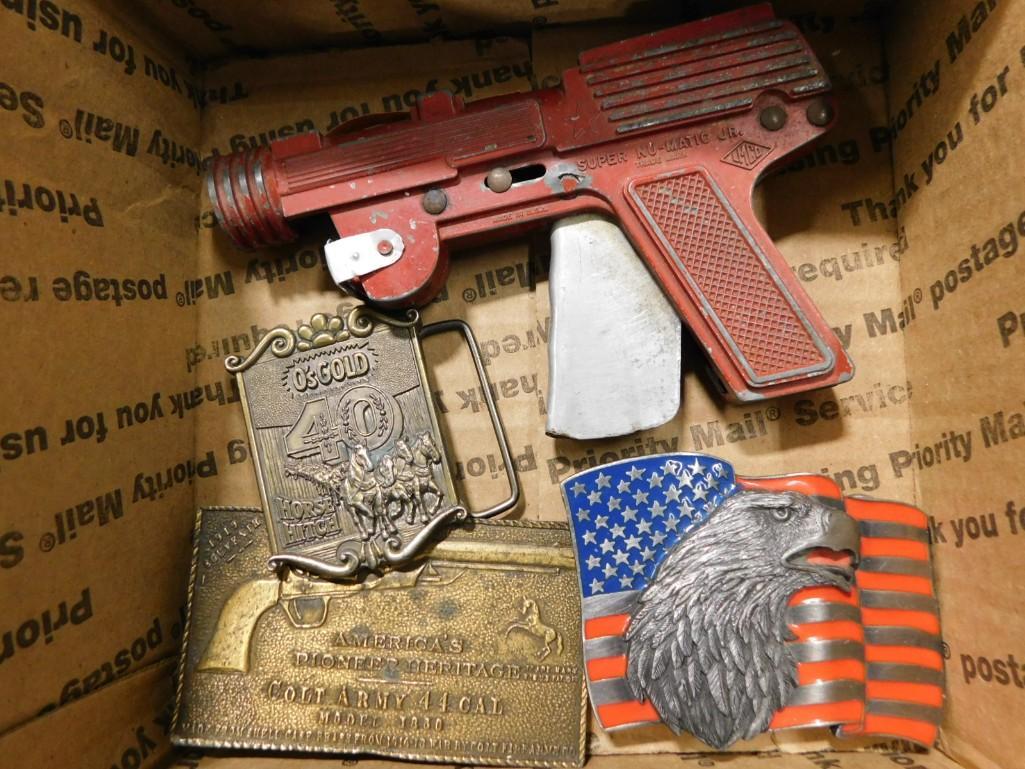 Belt Buckles and a Vintage Super Nu-Matic Jr LMCO Toy Cap Gun: Belt Buckles and a Vintage Super Nu-Matic Jr LMCO Toy Cap Gun