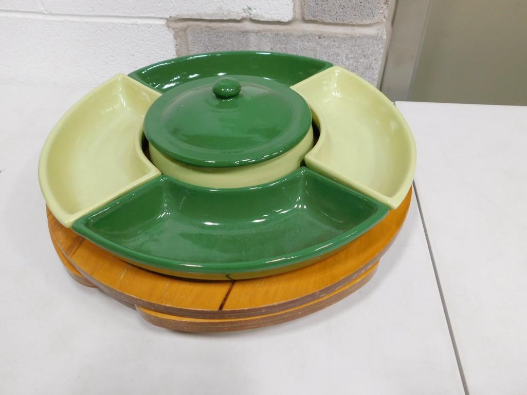 Wooden Lazy Susan with Green Ceramic Bowls / Lid (1 of 5)