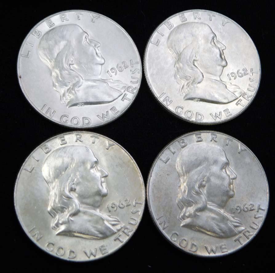 4 Nice 1962 Franklin Half Dollars 90% Silver (1 of 2)