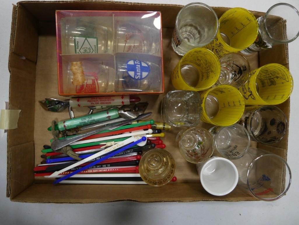 Large Lot of Vintage Drink Stirrers and Shot Glasses: Large Lot of Vintage Drink Stirrers and Shot Glasses - lots of good advertising including trains / Railroad