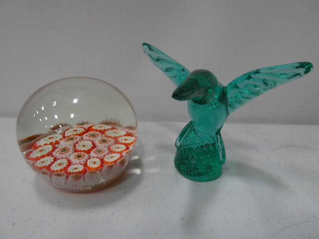 2 Murano Art Glass Paperweights including Millefiori and Bird (1 of 3)