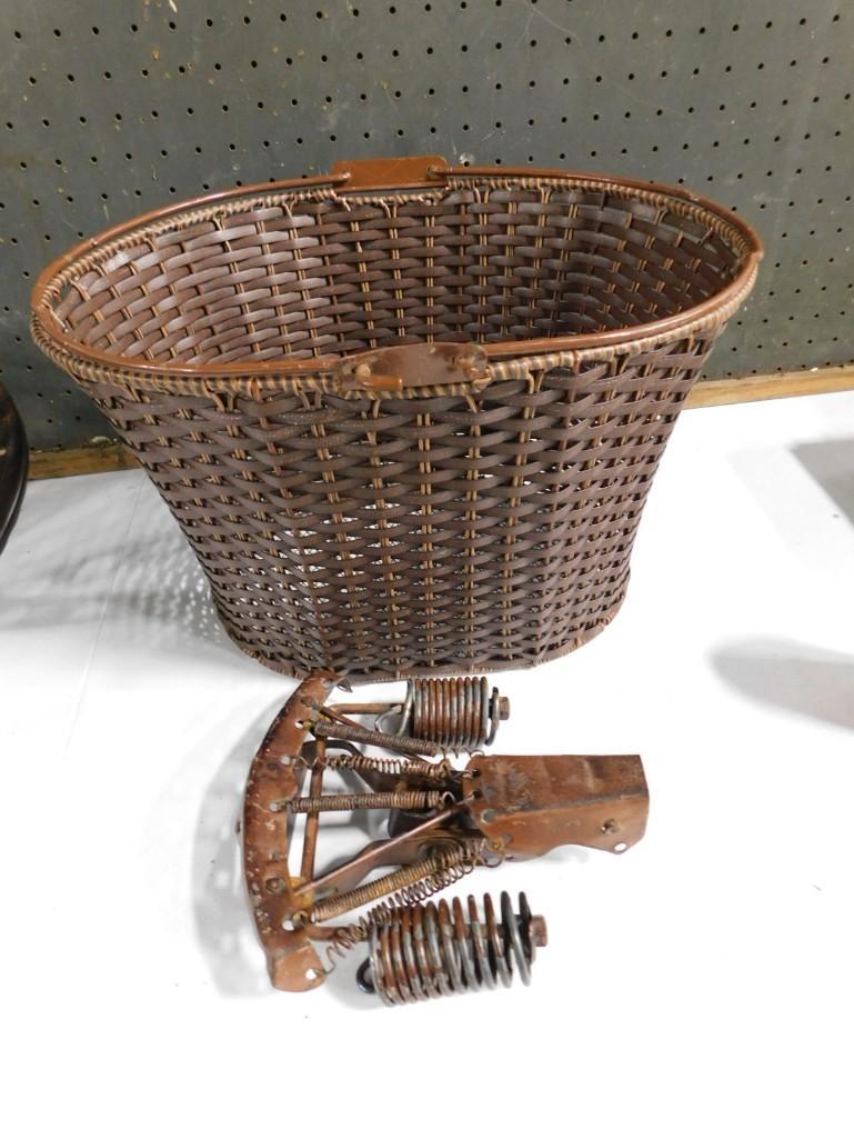 Vintage Metal Bicycle Seat and Modern Bike Basket: Vintage Metal Bicycle Seat or Saddle and Modern Bike Basket