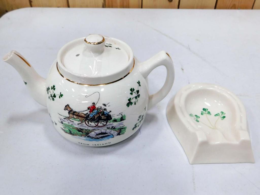 Carrigaline Pottery Teapot and Belleek Lucky Ashtray: Carrigaline Pottery Teapot and Belleek Lucky Ashtray