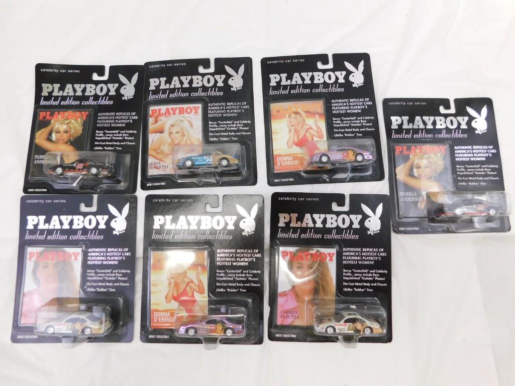 Lot of 7 Playboy Celebrity Car Collectibles: Lot of 7 Playboy Celebrity Car Collectibles - all new on card. Includes Pamela Anderson, Jenny McCarthy, Donna D'Errico, Carmen Electra. These are matchbox size cars.