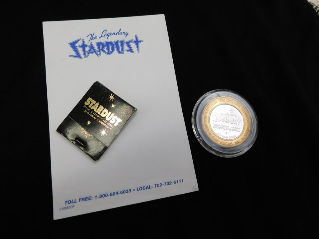 Stardust Casino Lot incl 10 Dollar Gaming Token Silver Round , Stardust Matchbook, and Stardust Note: Stardust Casino Lot incl 10 Dollar Gaming Token Silver Round , Stardust Matchbook, and Stardust Notepad . Center of the token is .999 fine silver