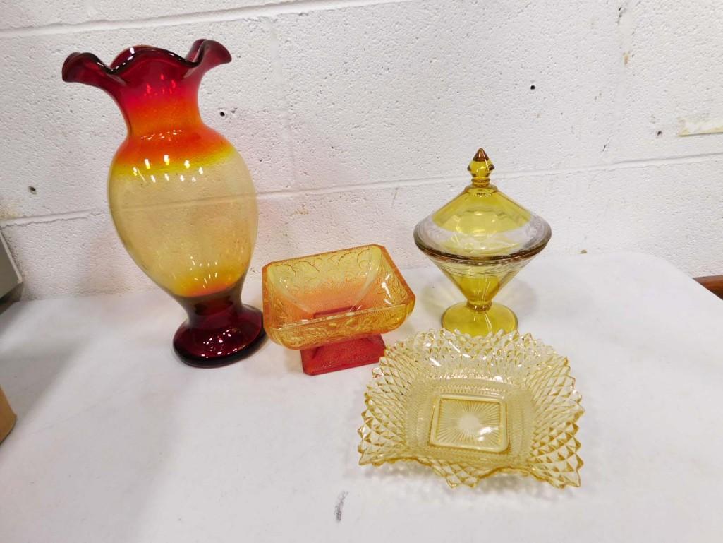 Amberina Glass Vase , Yellow and Clear Covered Candy Dish, Square Ruffle Dish, (1 of 13)