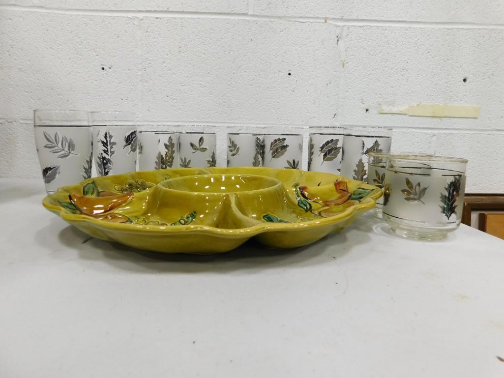 Mid Century Lot incl Libbey Silver Leaf Bar Glasses and a MCM Ceramic Lazy Susan Dishes (1 of 6)
