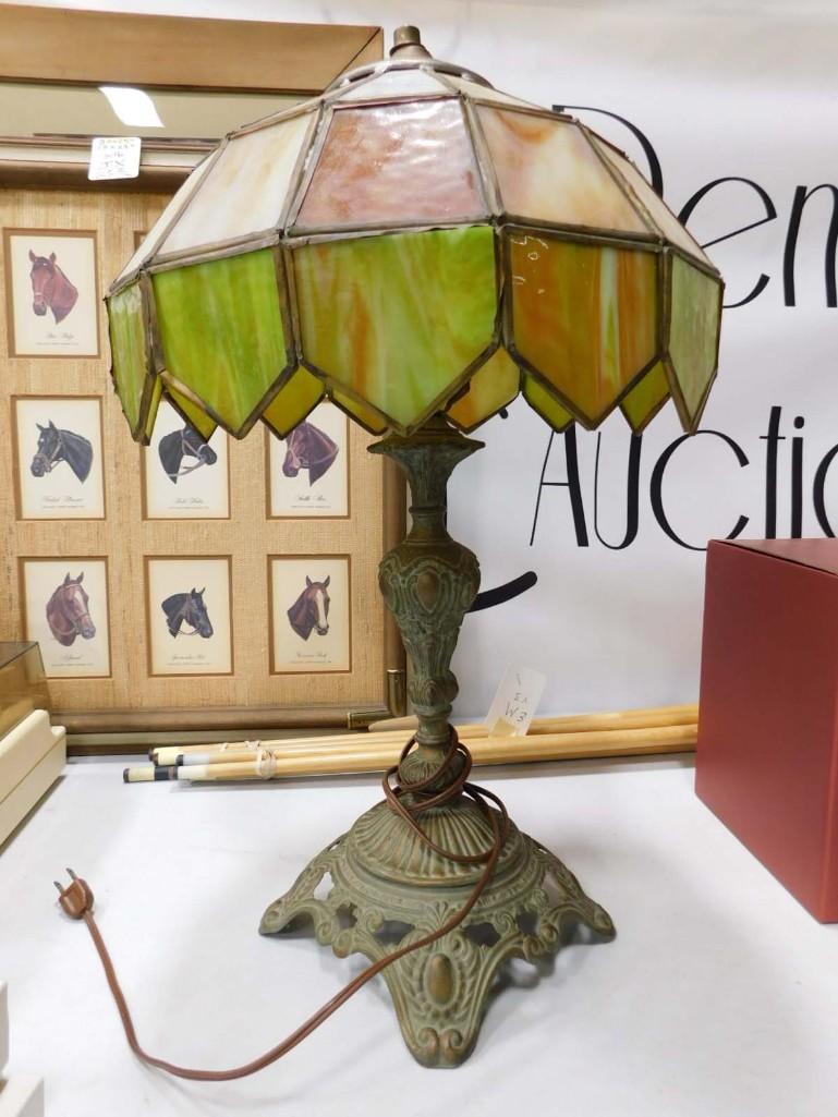 Vintage Stained Glass or Slag Glass Lamp: Vintage Stained Glass or Slag Glass Lamp Condition: works, has 2 loose glass panels where the corners stick out from the metal