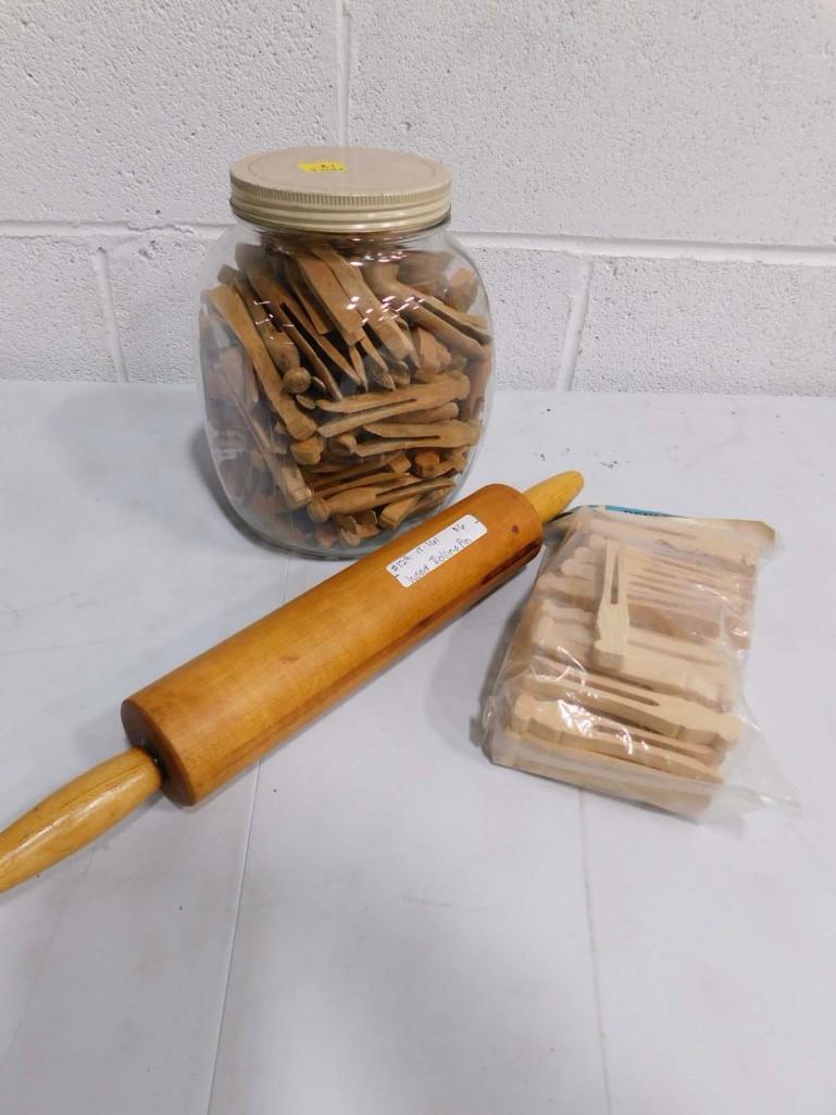 Vintage Wood Clothespins and a Rolling Pin: Lot of Vintage Wood Clothespins and a Rolling Pin