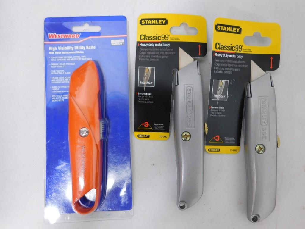 3 New on Card Box Cutters incl 2 Stanley and 1 Westward: 3 New on Card Box Cutters incl 2 Stanley Classic 99 and 1 Westward