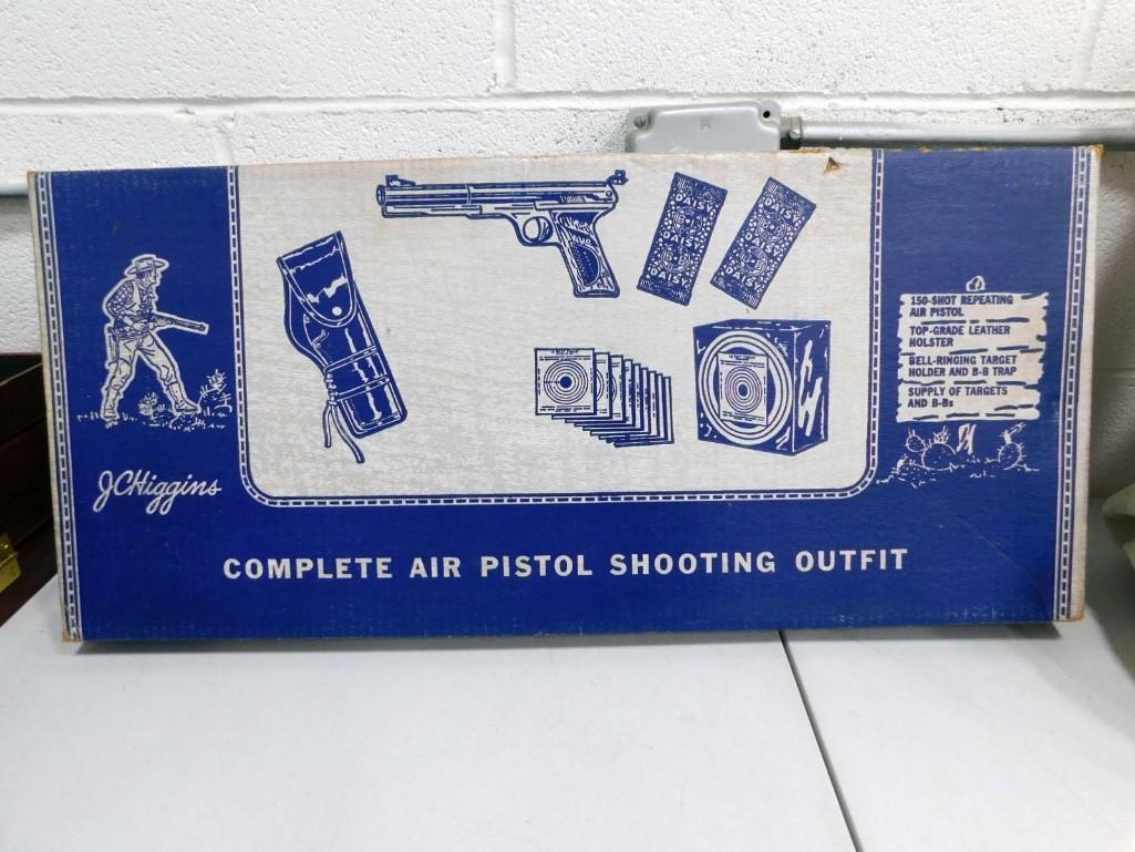Daisy JC Higgins Complete Air Pistol Shooting Outfit: Vintage Daisy JC Higgins Air Pistol Shooting Outfit in Original Box . Includes everything you see in the pictures