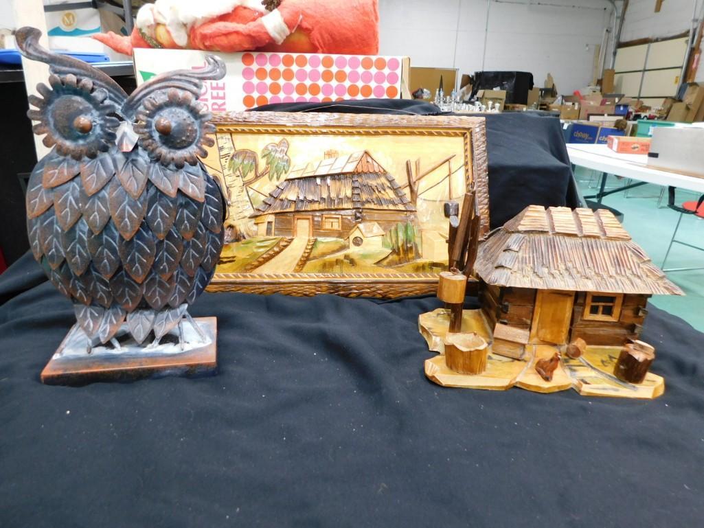Decor Lot incl Metal Owl, Hand Made Wood House or Cabin, and a Hand Made Wall Art Cabin: Decor Lot incl Metal Owl, Hand Made Wood House or Cabin, and a Hand Made Wall Art Cabin