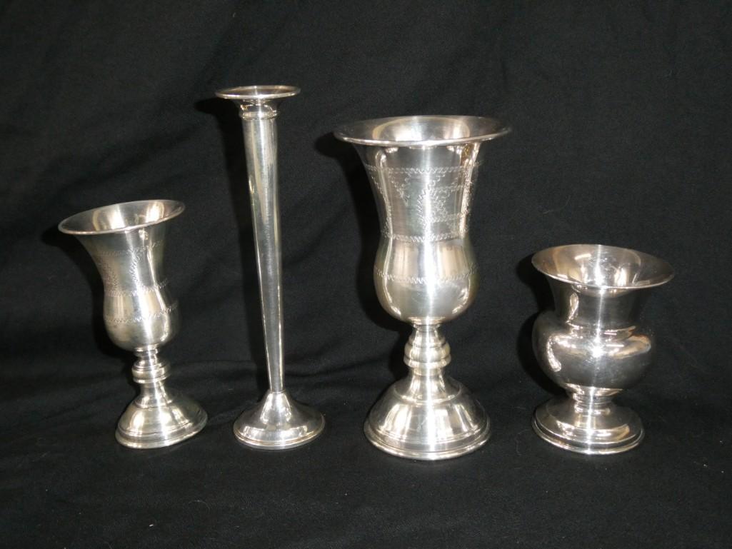 4 Weighted Sterling Silver Items incl 3 Vases and a Candlestick Holder (1 of 4)