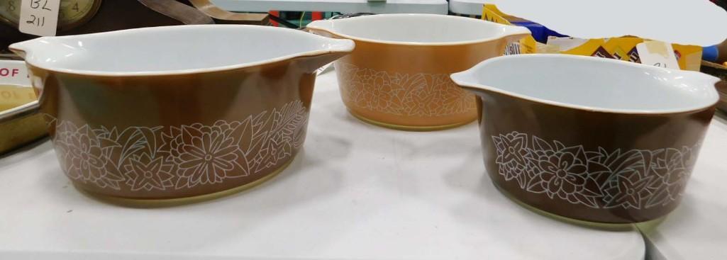 3 Vintage Pyrex Woodland Casserole Dishes or Bowls: 3 Vintage Pyrex Woodland Casserole Dishes or Bowls
