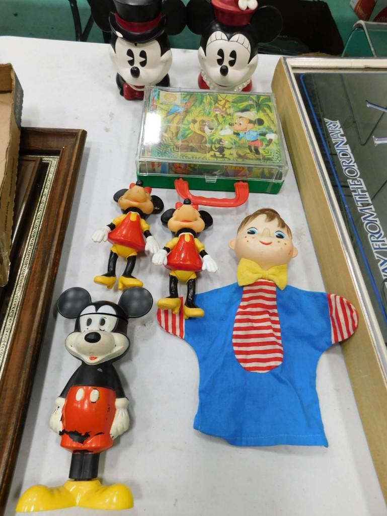 Toy Lot incl Disney Mickey Mouse, Minnie Mouse, Hand Puppet, etc: Toy Lot incl Disney Mickey and Minnie Mouse Figures, Enesco Mickey and Minnie Mouse Music Boxes - Minnie Mouse works and plays "Let Me Call You Sweetheart" and Mickey Mouse music box does not