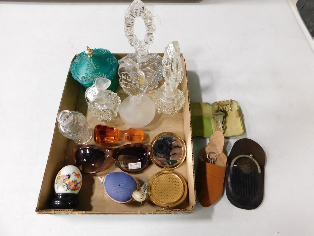 Lot of Smalls incl Vintage Perfume Bottles, Compact, Sunglasses, etc: Lot of Smalls incl Vintage Perfume Bottles, Compact, Sunglasses, Turtle Pincushion, etc Condition: some bottles have stoppers, some do not