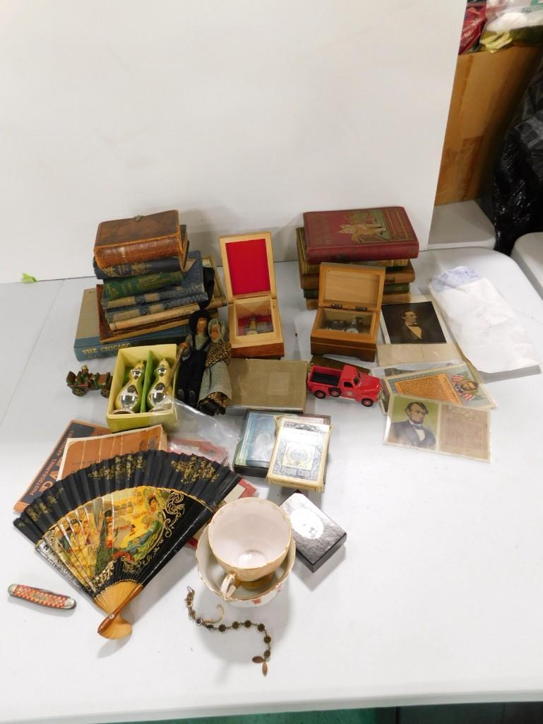 Collectibles incl Vintage and Antique Books, Vintage Playing Cards, Music Boxes, Silver Plated Salt: Collectibles and Smalls incl Vintage and Antique Books, Vintage Playing Cards, Music Boxes, Silver Plated Salt and Pepper Shakers, Postcards, Salt and Pepper Shakers, Carved Wood figurines , Purina Po