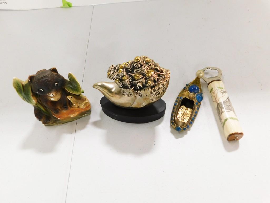 Smalls Lot incl Brass Shoe Ashtray, Antelope Bottle Opener, etc: Smalls Lot incl Brass Shoe Ashtray, Antelope Bottle Opener, Animal figure, etc Condition; includes and animal figure that is chipped