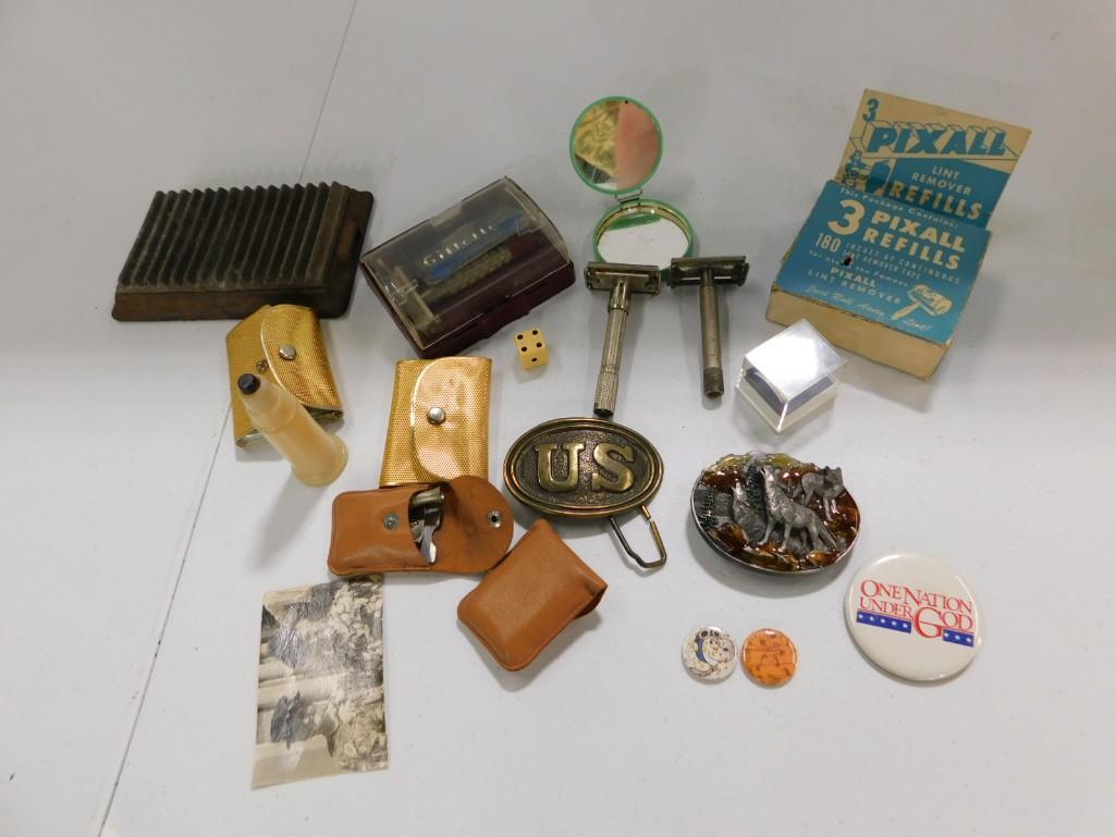 Vintage Smalls incl Belt Buckles, Buttons, Gillette Razors, Pipe Items, Etc: Vintage Smalls incl Belt Buckles, Buttons, Gillette Razors, Pipe Items, Etc . Includes Snoopy buttons