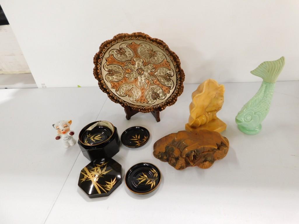 Collectibles Lot incl Copper Decorative Bowl, Wood Trinket Box, Asian Style Coasters, Salt Shaker, e: Collectibles Lot incl Copper Decorative Bowl, Wood Trinket Box, Asian Style Coasters, Salt Shaker, etc