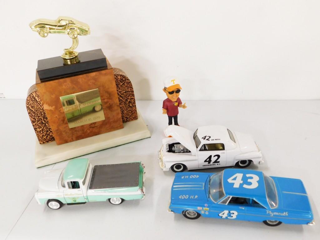 Pinewood Derby Trophy, 3 Cars incl 1 Liberty Classics and 2 Racing Champions, and Bill Dance Bobble (1 of 5)