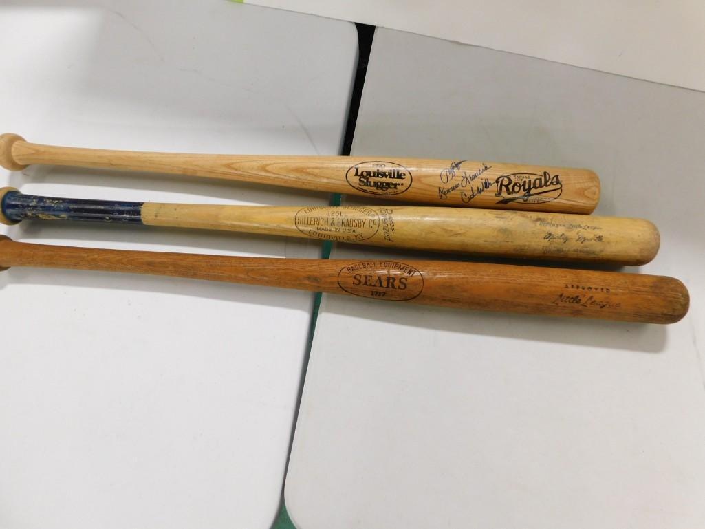 3 Baseball Bats 1 Vintage Louisville Slugger, 1 Kansas City Royals Louisville Slugger: 3 Baseball Bats 1 Vintage Mickey Mantle Louisville Slugger, 1 Kansas City Royals Louisville Slugger with Autographs - No COAs, 1 Sears Little League
