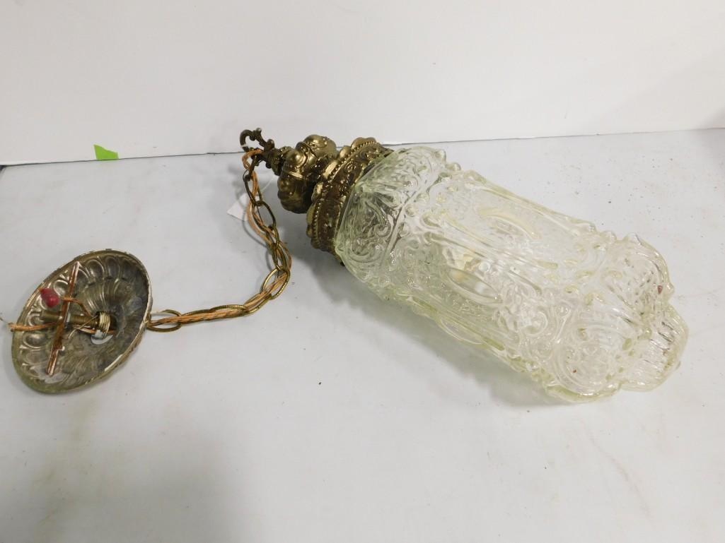 Vintage Hanging Light Fixture Brass and Glass: Vintage Hanging Light Fixture Brass and Glass
