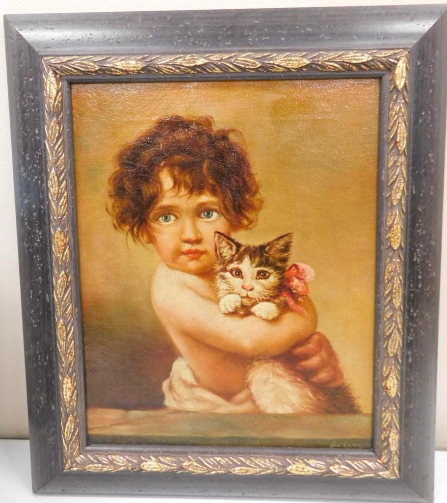 Nic Lenz 1919-1961 Listed Wisc Artist Original Oil on Canvas "Baby Girl with Cat": Nic Lenz 1919-1961 Listed Wisc Artist Original Oil on Canvas "Baby Girl with Cat" Signed lower right . Lovely custom frame . Approx 20"x16.5"