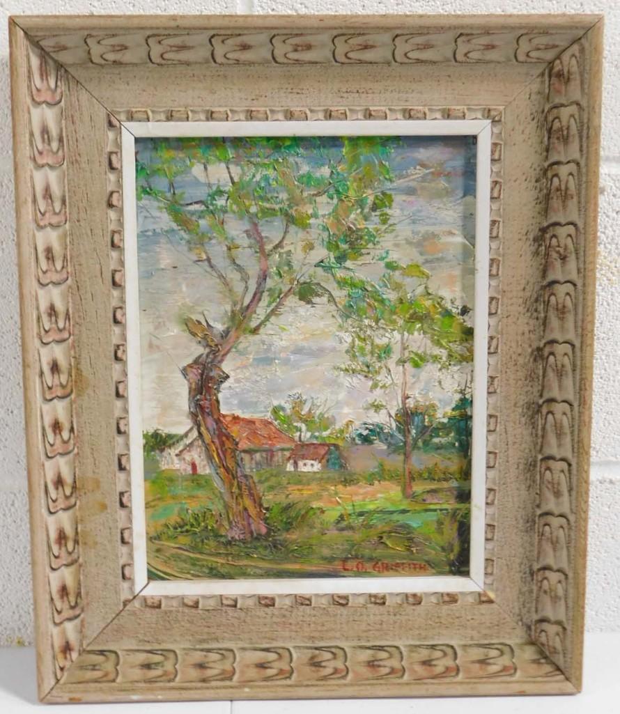 Louis Oscar Griffith Listed Indiana Artist (1875-1956) Original Oil Composition "Countryside Cabins" (1 of 3)