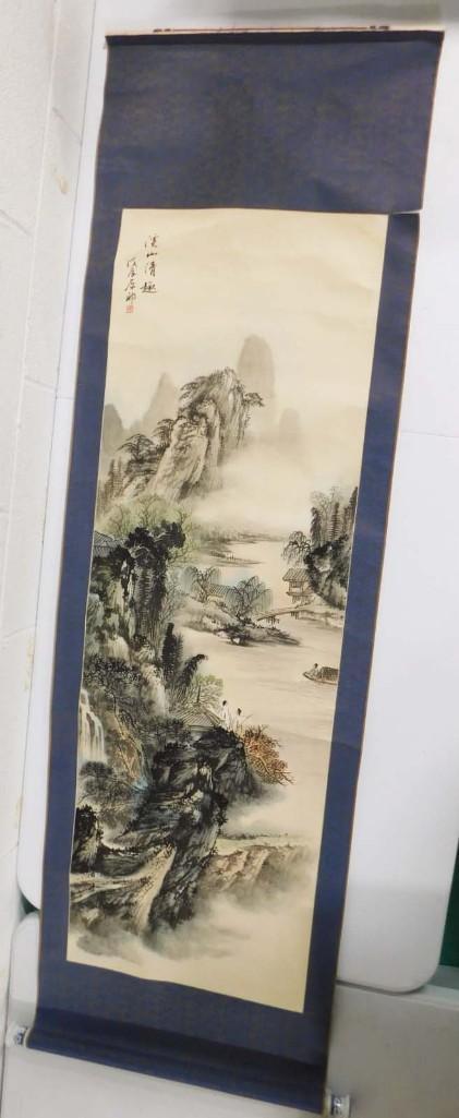 Antique / Vintage Asian Scroll Handpainted Villiage Scene in ink and watercolor (1 of 10)