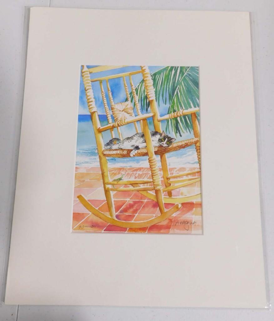 Artist Signed / Antigua "Cat on Rocking Chair" Original Watercolor: Artist Signed / Antigua "Cat on Rocking Chair" Original Watercolor. Measures roughly 14" x 11"