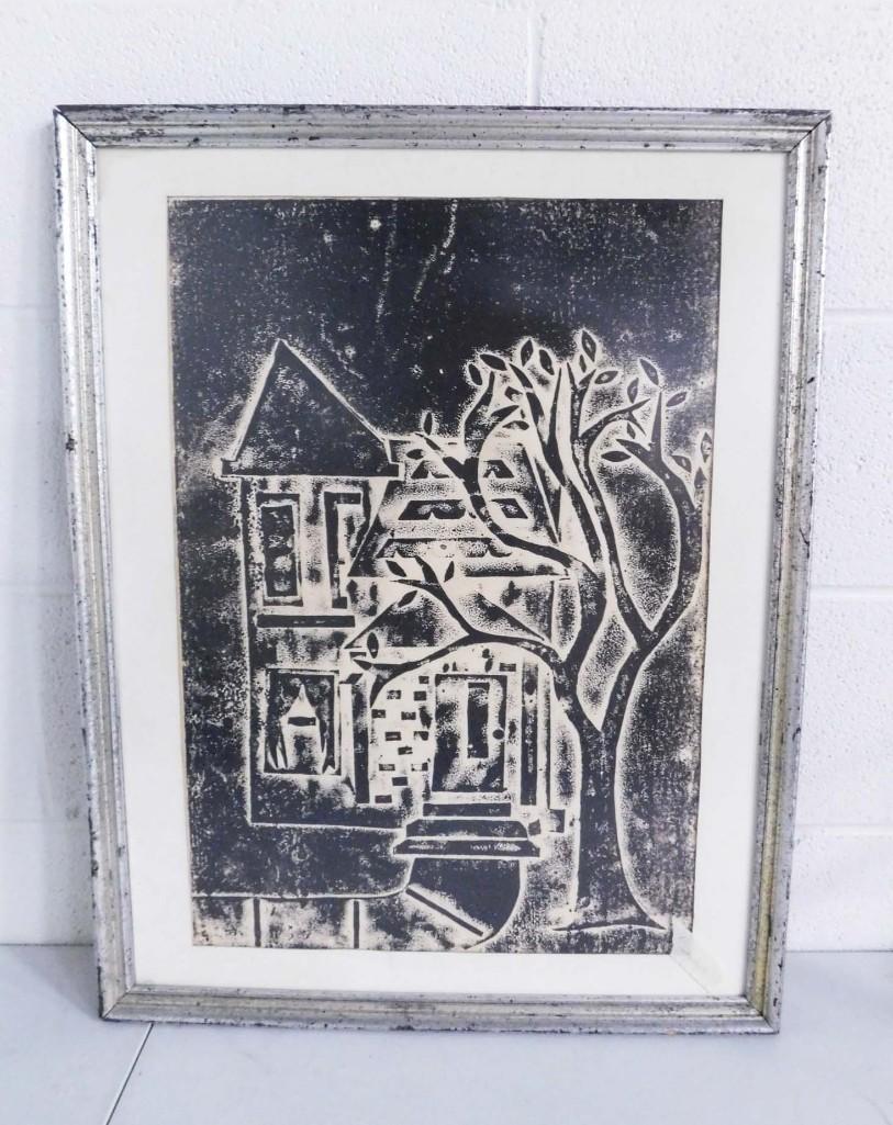 In the Style of Aaron Bohrod "Listed Wisc Artist" (1907-1992) "Tree of Life": In the Style of Aaron Bohrod "Listed Wisc Artist" (1907-1992) "Tree of Life" (unknown medium) , pencil signed on front and back . Measures about 21"x27"